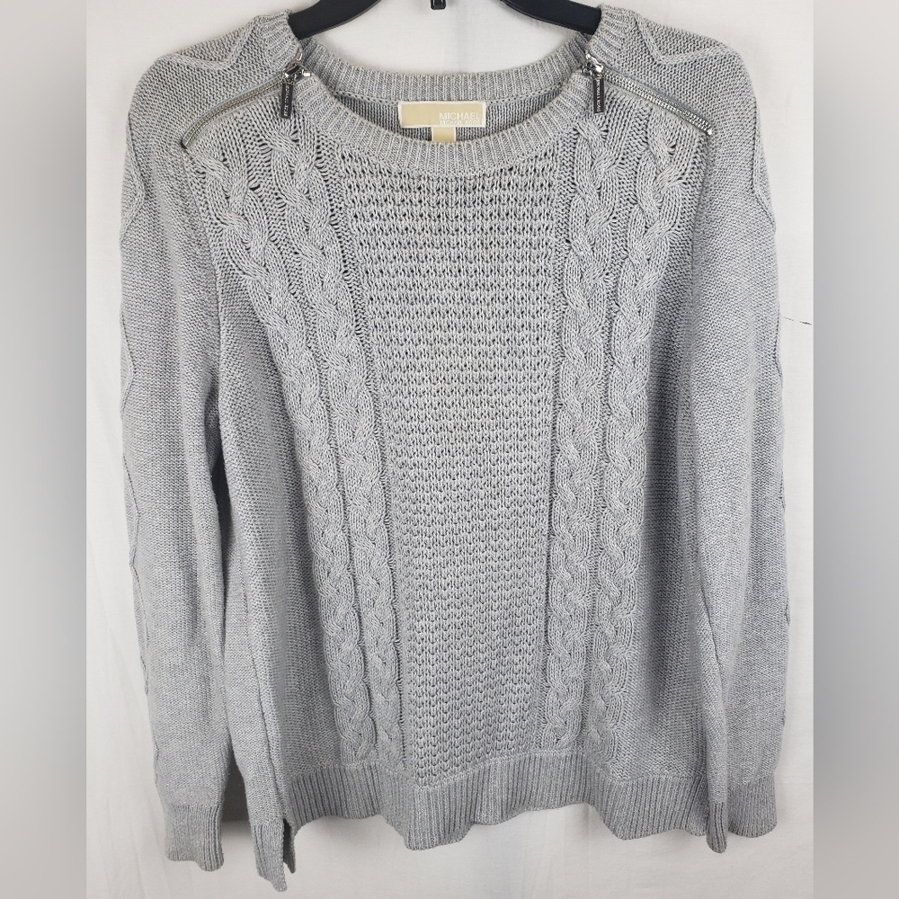 Michael Michael Kors Gray Cable Knit Long Sleeve Sweater with Zipper Accent Sz L